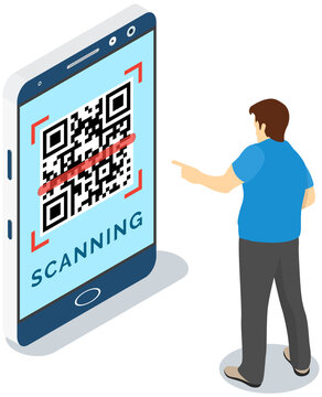 Man uses phone to recognize qr code. Application for scanning barcode on smartphone screen. Male character looks at process of scanning and searching by qr code. Photo barcode recognizer concept