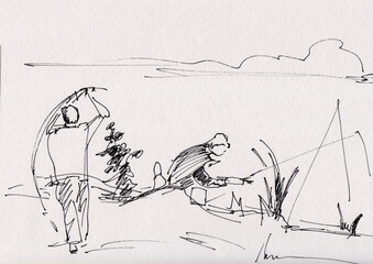 instant sketch, fishmen on river