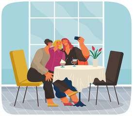 Girls friends have fun talking, taking selfie photo on smartphone, serfing internet while sitting in cafe or restaurant. Young woman girlfriends making video for social media using modern gadget