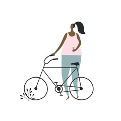 Illustration of a woman with a bicycle and ice cream in her hand. Concept of summer, vacation, recreation, sports. - 447272323