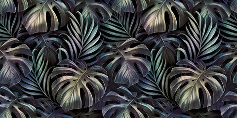 Fototapety  Tropical seamless pattern with monstera, palm leaves in green blue purple gradient. Hand-drawn dark vintage 3D illustration. Glamorous exotic abstract background. Good for luxury wallpapers, clothes