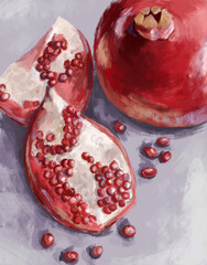 Pomegranate fruit with pomegranate leaves. Digital artistic hand drawn illustration with brush texture