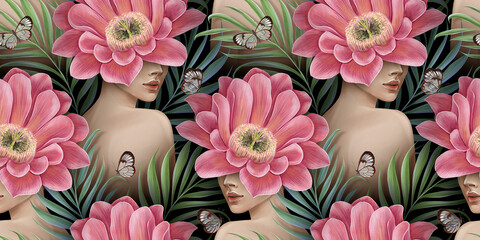 Tropical exotic seamless pattern with naked women, palm leaves, cactus flowers, glasswinged butterflies. Hand-drawn 3D illustration. Good for luxury wallpapers, clothes, mural, fabric printing, poster - 447272790