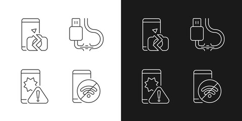 Repair related linear icons set for dark and light mode. Lost internet connection. Camera and screen damage. Customizable thin line symbols. Isolated vector outline illustrations. Editable stroke