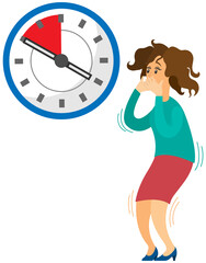 Deadline business concept, time management, fear of being late. Businesswoman is afraid of time. Scared woman stands near clock holding her head with hands in awe isolated on white background