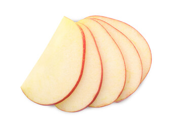 Slices of apple on white background, top view