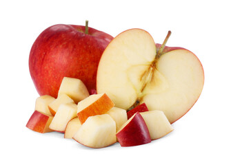 Whole and cut apples on white background