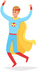 Strong super man smiles and flies to save world stretched out his hand. Brave character in superhero costume with cloak on white background. Cartoon person hurries to protects people from villains