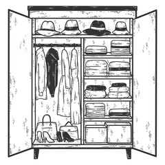 Fototapeta premium Open wardrobe with thingswith things. Sketch scratch board imitation coloring.