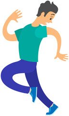 Frightened man running away looking back. Young guy with scared face expression. Emotions and body language concept. Male character is terrified or shocked due to seeing something frightening