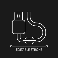 Torn cable white linear icon for dark theme. Frayed ribbon wire. Cord connection is broken. Thin line customizable illustration. Isolated vector contour symbol for night mode. Editable stroke