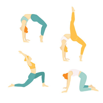 Woman in yoga poses flat vector illustration isolated on white background. Young girl doing exercises.