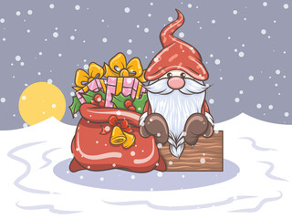 Fototapeta premium cute gnome illustration with Christmas gift bag