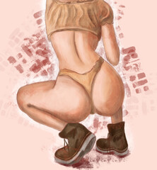 Sexy girl. Back of the girl. Hand drawn, digital painting with artistic brush