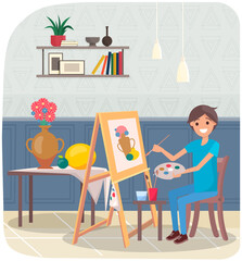 Man drawing still life picture of vase and fruits. Male artist with brushes holding palette in hands. Art, painting, drawing on canvas. Smiling guy engaged in creativity creates still life picture