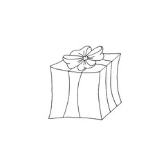 Gift box with a bow. Package. Holiday. Vector. Doodle. Hand-drawn illustration. Silhouette. Black and white outline. Coloring.