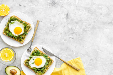 Open sandwich with avocado spinach cream and eggs. Top view