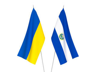 National fabric flags of Ukraine and Republic of El Salvador isolated on white background. 3d rendering illustration.