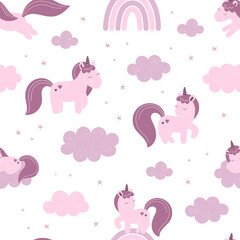 Seamless pattern with cute fairy unicorns, clouds, stars. Decor for a nursery, packaging, wallpaper, print for clothes. Vector illustration in flat style, child character