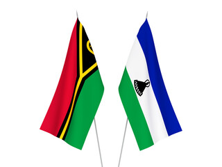 National fabric flags of Lesotho and Republic of Vanuatu isolated on white background. 3d rendering illustration.