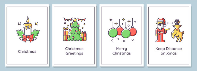 Fototapeta na wymiar Christmas celebration greeting cards with color icon element set. Merry Xmas to all. Postcard vector design. Decorative flyer with creative illustration. Notecard with congratulatory message
