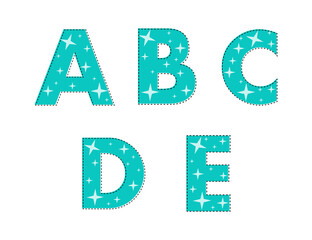Cute Cartoon letters a b c d e. Perfect for greeting cards, party invitations, posters, stickers, pin, scrapbooking, icons.