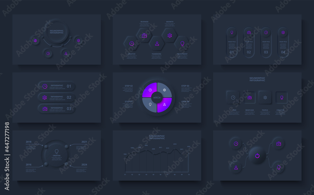Poster nine slides with dark neumorphic infographics elements. circles, rings, hexagons and charts info gra