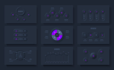 Nine slides with dark neumorphic infographics elements. Circles, rings, hexagons and charts info graphic design templates. Set of Infograph concept with 3, 4, 5 and 6 options