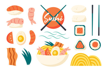 Asian food ingredients set. Japanese, china cuisine. Sushi, fresh fish, shrimp, rice, rolls, ramen noodles, vegetable, bacon, tomato, egg,  plate, sticks. Vector illustration.