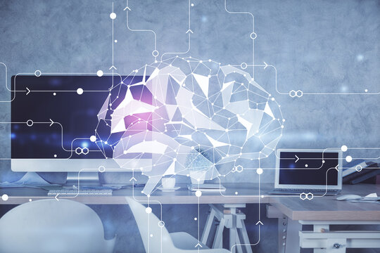 Multi exposure of brain drawing and office interior background. Concept of data technology.