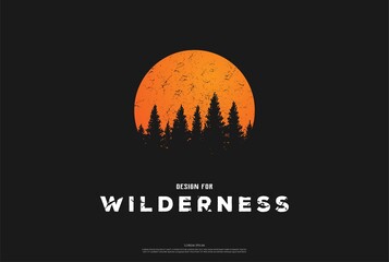 Sunset Sunrise Pine Evergreen Fir Hemlock Spruce Conifer Cedar Coniferous Cypress Larch Pinus Trees Forest Logo Design Vector