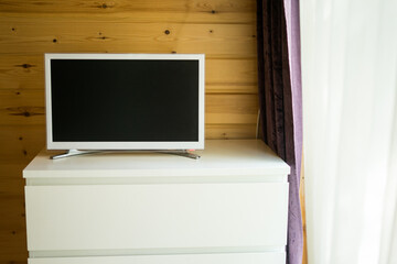 Smart Tv mockup on wood wall background in modern living room