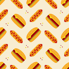 Hot dog and burger, cheeseburger cute cartoon style vector seamless pattern background for fast food design.