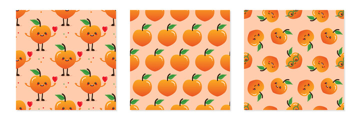 Set, collection of three vector seamless pattern backgrounds with peach characters and peach fruits for food design.