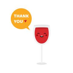Cute and happy cartoon style red wine glass character with speech bubble saying thank you, showing appreciation.
