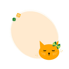 Cute cartoon style ginger cat with bow and cat toys blank oval frame, card template, background for pet, animal design.

