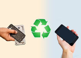 Old for new concept, old smartphone against the new one, recycle sign in the middle. E waste concept 