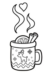 Christmas coloring book or page. Cup black and white vector illustration