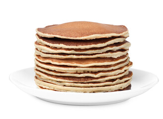Stack of hot tasty pancakes on white background