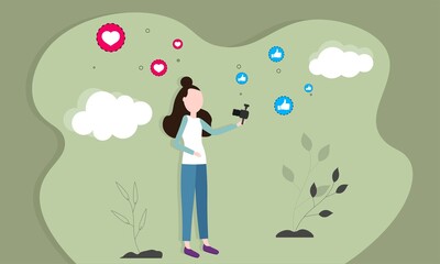 Woman blogger. Shoots video on camera. Reviews, likes, approval. Heart and thumbs up icons. Popularity on social networks. Vector illustration

