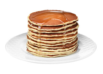 Stack of tasty pancakes with honey on white background