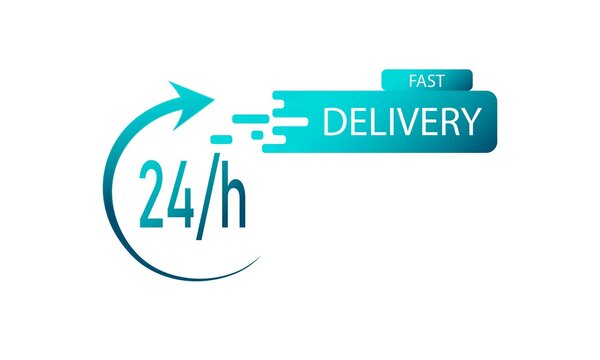 Fast delivery icon. Service 24 hours. Logo design. Bright sticker in turquoise color. Vector illustration
