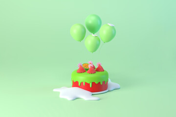 Christmas cake and anniversary with green balloon and white snow 3d illustration

