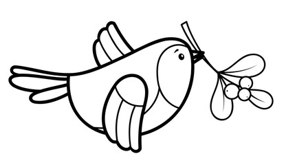 Christmas coloring book or page. Christmas Bird black and white vector illustration