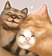Three happy cats hugging. Pets are the best friends. Digiral 2d illustration. Joyful kitten.
