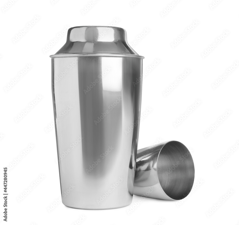 Wall mural metal cocktail shaker and cup on white background