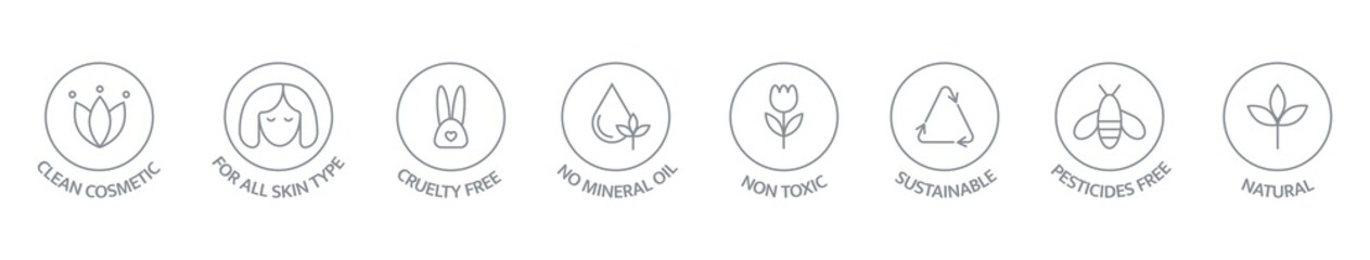 Organic and natural cosmetic line icons big set. GMO free emblems. Vegan, bio food. Organic products badges. Hypoallergenic, safe for children, clean cosmetic, non toxic. Vector illustration