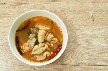 boiled hot and spicy soup with pork entrails on bowl