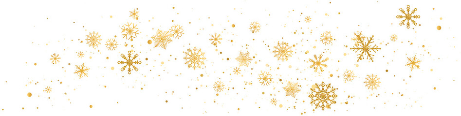 Snowflakes golden wave composition. Snow fall. Christmas gold celebration long banner. Winter design. Happy New Year card. Holiday background. Season greeting. Glitter luxury card.Vector illustration