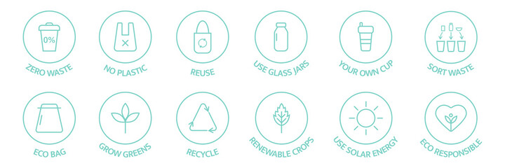 Zero waste line icons set. Recycle, reuse, reduce logo. Eco, bio pictogram. Ecology concept. Save the planet. Sort waste emblem. Sustainable package. Grow greens badge. Renewable. Vector illustration